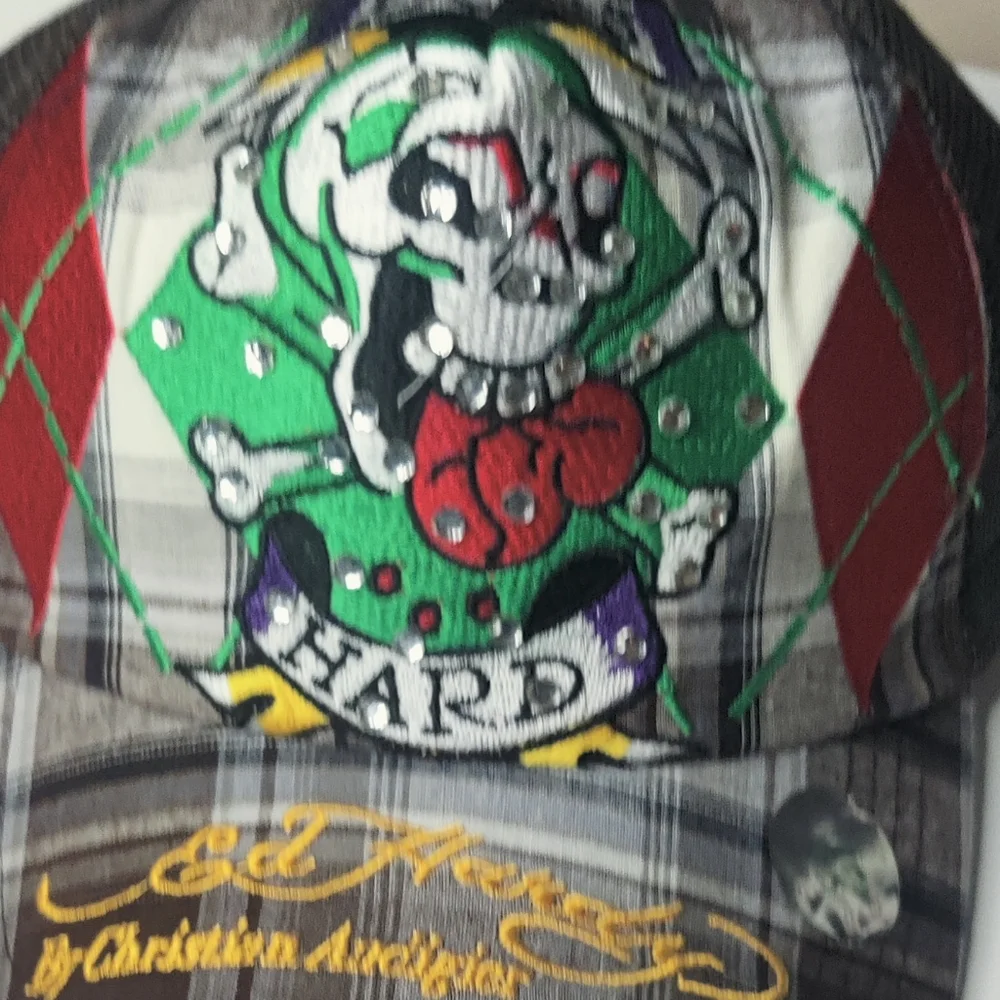 Ed Hardy Multicolor Plaid Cap with Skull Art